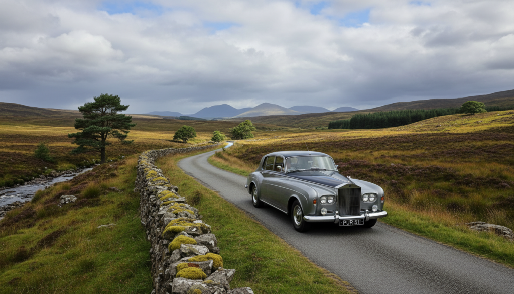 firefly gemini flash a 1960's rolls royce driving through beautiful scottish countryside 230329